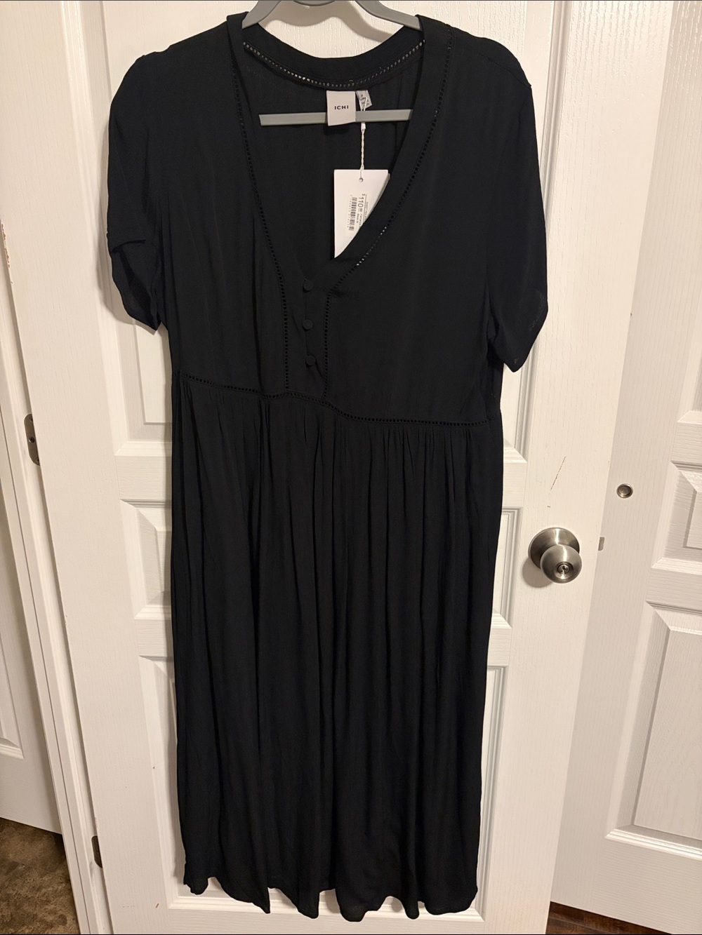 ICHI Black V-Neck Midi Dress with Button Detail